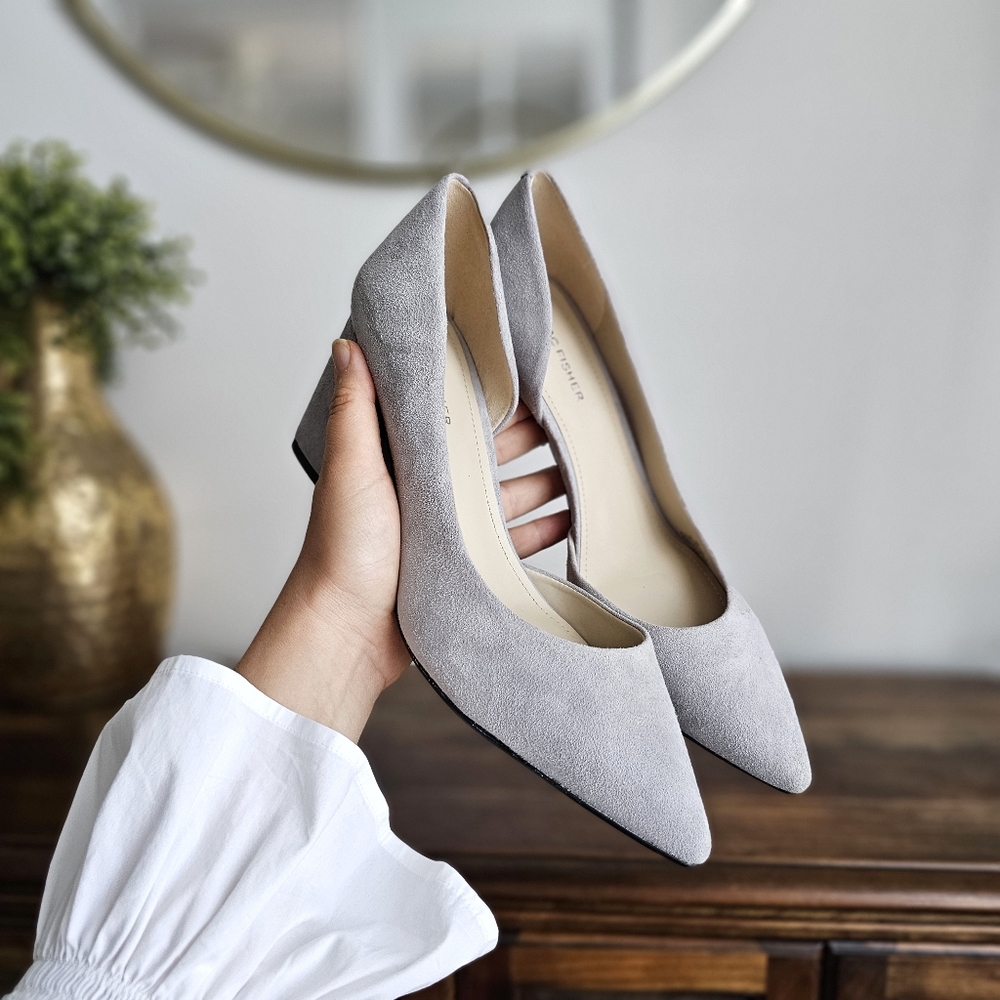 NWT Marc Fisher Cayson Gray Suede Block Heel Pumps Almond Toe Size 9M